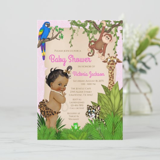 アフリカ系アメリカ人ガールサファリ動物の赤ちゃんシャワー 招待状 (スタンド正面)