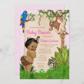 アフリカ系アメリカ人ガールサファリ動物の赤ちゃんシャワー 招待状 (正面/裏面)