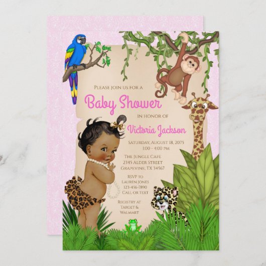 アフリカ系アメリカ人ガールサファリ動物の赤ちゃんシャワー 招待状 (正面/裏面)