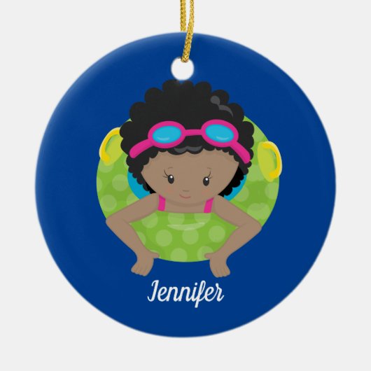 アフリカ系アメリカ人ガールスイムチームモノグラムブルー セラミックオーナメント (正面)