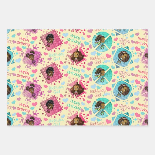 アフリカ系アメリカ人ガールズイエロー背景 ラッピングペーパーシート (正面3)