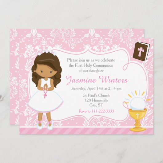アフリカ系アメリカ人ガールファースト・コミュニオンダマスク 招待状 (正面/裏面)