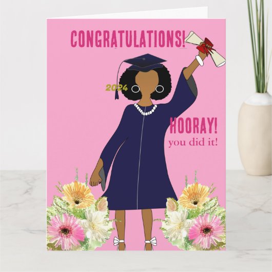 アフリカ系アメリカ人ガールフローライエロー卒業 カード (正面)