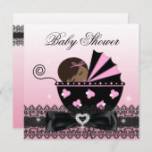 アフリカ系アメリカ人ガールベビーシャワーパーティーピンク 招待状 (正面/裏面)