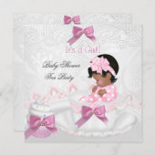 アフリカ系アメリカ人ガールベビーシャワーピンクベビーティーカップ 招待状 (正面/裏面)