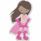 アフリカ系アメリカ人ガール、ピンクケープ、スーパーヒーローガール シール (正面)