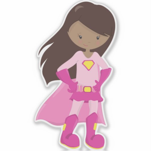 アフリカ系アメリカ人ガール、ピンクケープ、スーパーヒーローガール シール (正面)