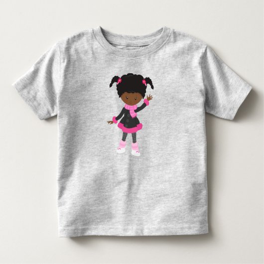 アフリカ系アメリカ人ガール、氷スケートで滑るガール、かわいいガール トドラーTシャツ (正面)