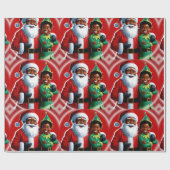 アフリカ系アメリカ人サンタと小妖精や小人クリスマス ラッピングペーパー (フラット)