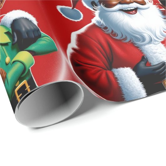 アフリカ系アメリカ人サンタと小妖精や小人クリスマス ラッピングペーパー (ロールコーナー)