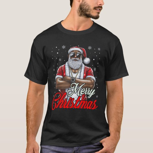 アフリカ系アメリカ人サンタクリスマスパジャマカッコいいブラック Tシャツ (正面)
