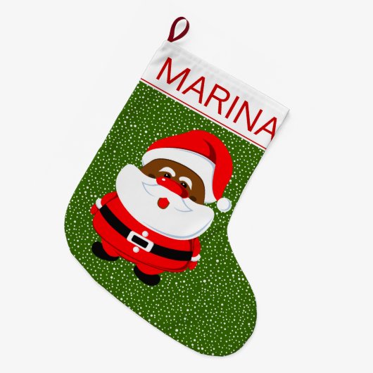 アフリカ系アメリカ人サンタクロースのクリスマスグリーンホワイト ラージクリスマスストッキング (正面 (吊り時))