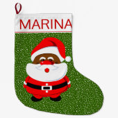 アフリカ系アメリカ人サンタクロースのクリスマスグリーンホワイト ラージクリスマスストッキング (正面)