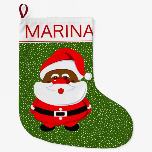 アフリカ系アメリカ人サンタクロースのクリスマスグリーンホワイト ラージクリスマスストッキング (正面)