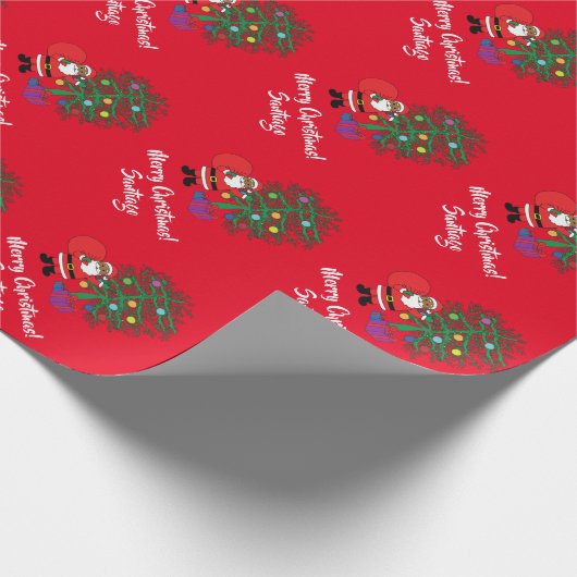 アフリカ系アメリカ人サンタクロースのクリスマスツリーレッド ラッピングペーパー (角)