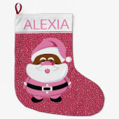 アフリカ系アメリカ人サンタクロースのクリスマスピンクの白 ラージクリスマスストッキング (正面)