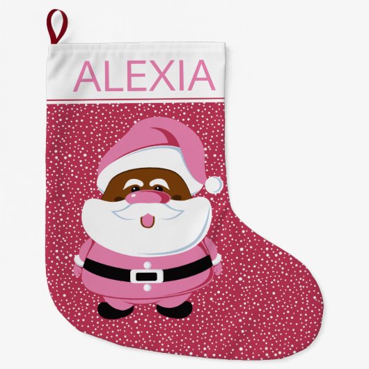 アフリカ系アメリカ人サンタクロースのクリスマスピンクの白 ラージクリスマスストッキング (正面)