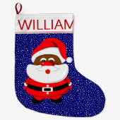 アフリカ系アメリカ人サンタクロースのクリスマスブルー ラージクリスマスストッキング (正面)