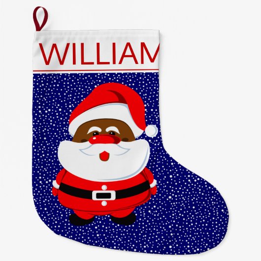 アフリカ系アメリカ人サンタクロースのクリスマスブルー ラージクリスマスストッキング (正面)