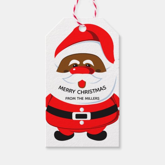 アフリカ系アメリカ人サンタクロースのクリスマスホリデーレッド ギフトタグ (正面)
