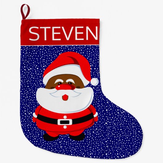 アフリカ系アメリカ人サンタクロースのクリスマスレッドブルー ラージクリスマスストッキング (正面)