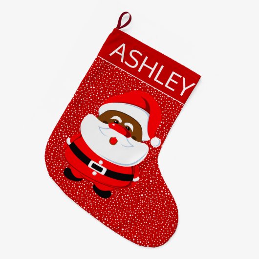 アフリカ系アメリカ人サンタクロースのクリスマスレッド ラージクリスマスストッキング (正面 (吊り時))
