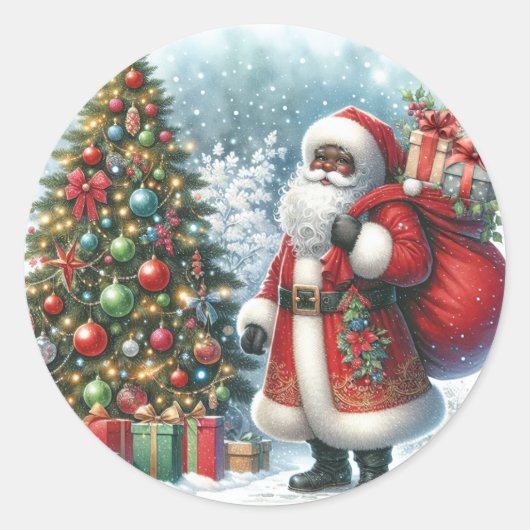 アフリカ系アメリカ人サンタクロースのクリスマス ラウンドシール (正面)