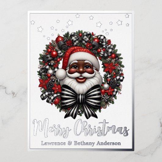 アフリカ系アメリカ人サンタクロース赤黒白 箔シーズンポストカード (正面)