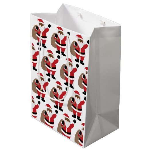 アフリカ系アメリカ人サンタクロース・メリークリスマスメディ ミディアムペーパーバッグ (裏面アングル)