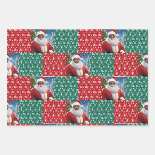 アフリカ系アメリカ人サンタ雪の赤と緑 ラッピングペーパーシート (正面3)