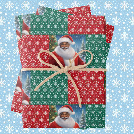 アフリカ系アメリカ人サンタ雪の赤と緑 ラッピングペーパーシート