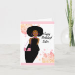 アフリカ系アメリカ人シスターハッピーバースデーカード カード<br><div class="desc">この美しいハッピーバースデーカードを特別な妹に送る。このアカッコいいフリカ系アメリカ人デザインは、黒い夕べドレスを着たカールAfroのアフリカ系アメリカ人の女性を特集している。</div>