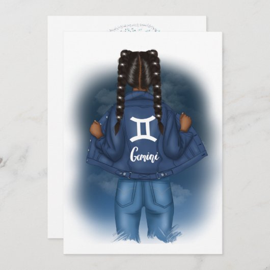 アフリカ系アメリカ人ジェミニ〔占星術の〕十二宮図サインバースデーパーティー 招待状 (正面/裏面)