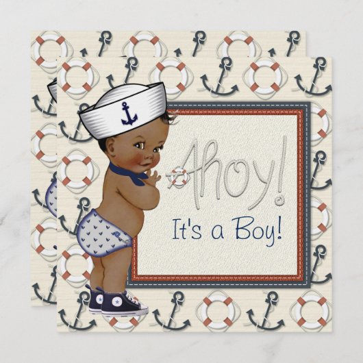 アフリカ系アメリカ人セーラーボーイ航海のベビーシャワー 招待状 (正面/裏面)