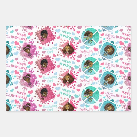 アフリカ系アメリカ人チビ(小さくかわいく書いた感じ)ガールズハート誕生日 ラッピングペーパーシート (正面)