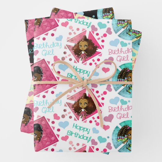アフリカ系アメリカ人チビ（小さくかわいく書いた感じ）ガールズハート誕生日 ラッピングペーパーシート (インサイチュ)