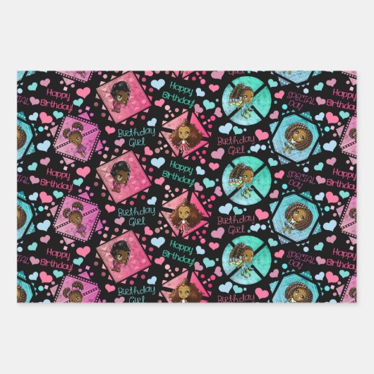 アフリカ系アメリカ人チビ（小さくかわいく書いた感じ）ガールズハート誕生日 ラッピングペーパーシート (正面3)