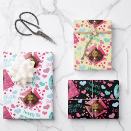 アフリカ系アメリカ人チビ（小さくかわいく書いた感じ）ガールズハート誕生日 ラッピングペーパーシート