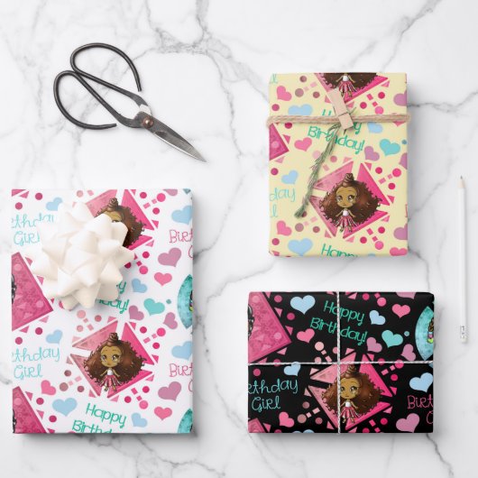 アフリカ系アメリカ人チビ(小さくかわいく書いた感じ)ガールズハート誕生日 ラッピングペーパーシート (正面)