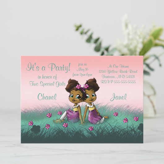 アフリカ系アメリカ人ツインガールズバースデーパーティー 招待状 (スタンド正面)
