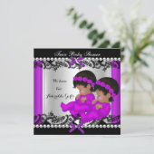 アフリカ系アメリカ人ツインガールズベビーシャワーパープル 招待状 (スタンド正面)