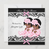 アフリカ系アメリカ人ツインガールズベビーシャワーピンク 招待状 (正面)