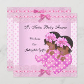 アフリカ系アメリカ人ツインガールズベビーシャワーピンク 招待状 (正面/裏面)