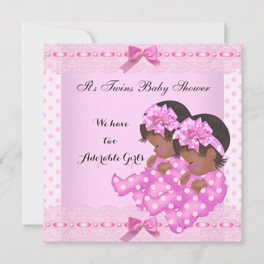 アフリカ系アメリカ人ツインガールズベビーシャワーピンク 招待状 (正面)