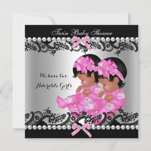 アフリカ系アメリカ人ツインガールズベビーシャワーホットピンク 招待状 (正面)