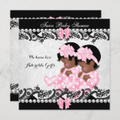 アフリカ系アメリカ人ツインベビーシャワーかわいい女の子ピンク 招待状 (正面/裏面)