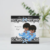 アフリカ系アメリカ人ツインボーイズ赤ちゃんシャワーブルー 招待状 (スタンド正面)