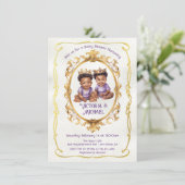 アフリカ系アメリカ人ツイン金ゴールドプリンスベビーシャワー 招待状 (スタンド正面)
