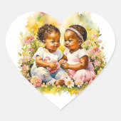 アフリカ系アメリカ人ツイン・ガールの赤ちゃんシャワー ハートシール (正面)