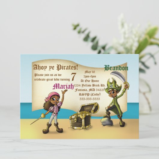 アフリカ系アメリカ人ツイン・パイレーツ誕生日パーティー 招待状 (スタンド正面)
